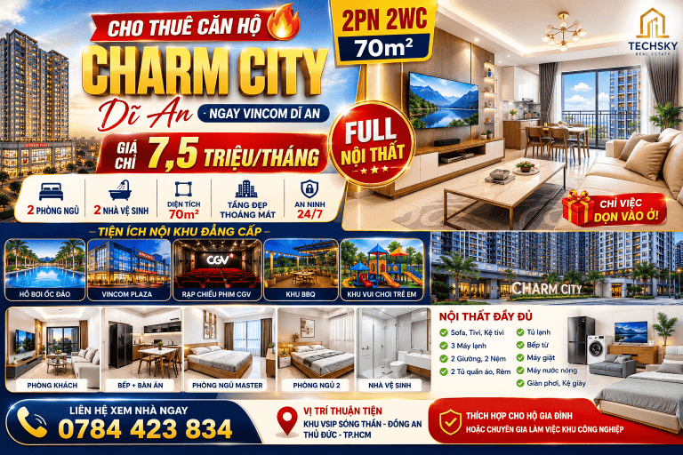 Cho Thuê Căn Hộ Charm City 2PN 2WC Full Nội Thất Giá Chỉ 7,5 Triệu/Tháng