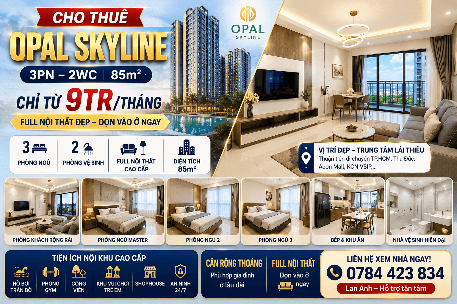 Cho Thuê Căn Hộ Opal Skyline 3PN 85m2 Full Nội Thất Giá Chỉ 9 Triệu/Tháng