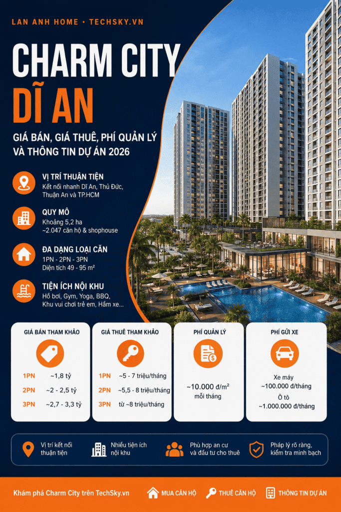 Charm City Dĩ An: Giá bán, giá thuê & phí quản lý 2026 | Lan Anh Home Charm City Dĩ An: Giá bán, giá thuê & phí quản lý 2026